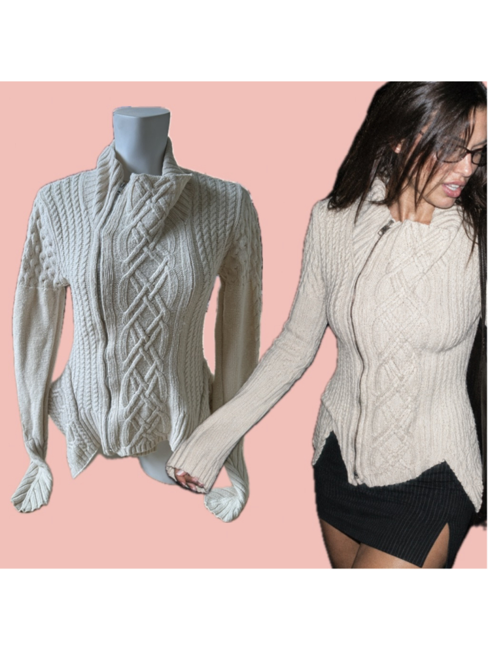 BCBG Max Azria Cable Knit Zip Sweater Size M Wool Blend Chunky Fisherman